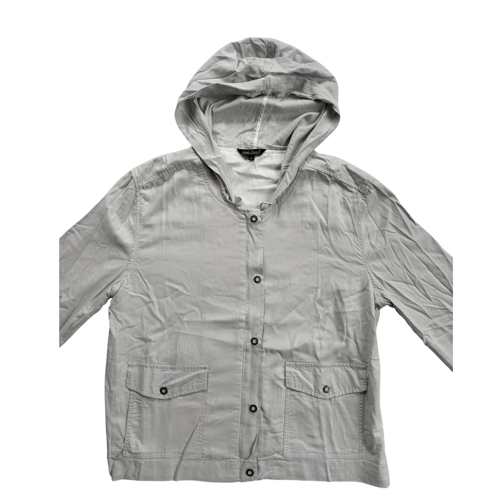 North River Outfitters Jacket Womens L Gray Linen Blend Hooded Snap Front Exc